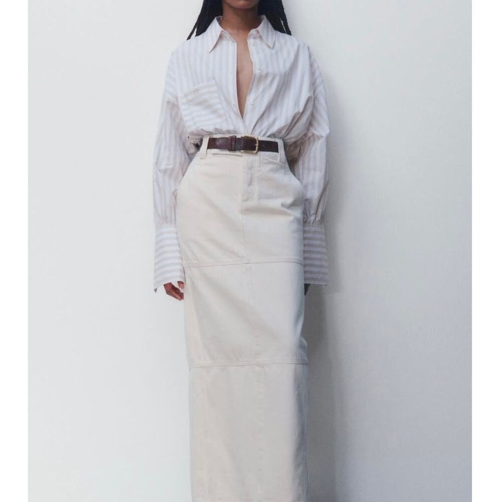 Helsa Cotton Poplin Striped Oversized Button Front Shirt Top Beige Stripe OS - Picture 5 of 13